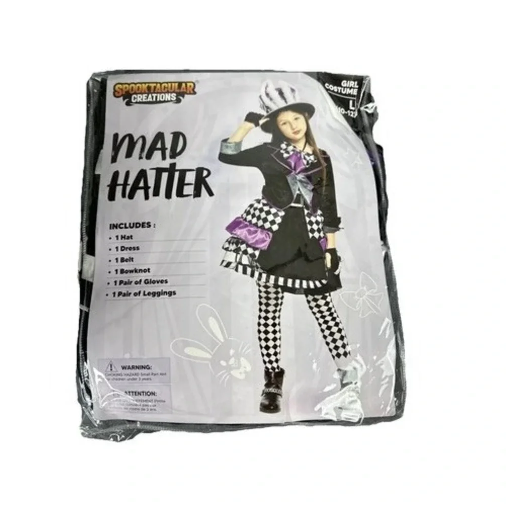 Spooktacular Creations Mad Hatter Girl Halloween Costume Size L 10-12 Dress B2